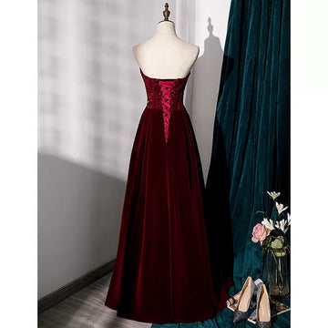 Simple A line Velvet Red Long Prom Dresses HZ1023